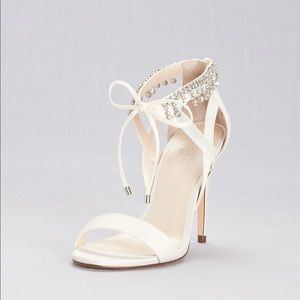 NWT - Ivory Satin Heels with Ankle Tie & Rhinestone Accent - Size 9